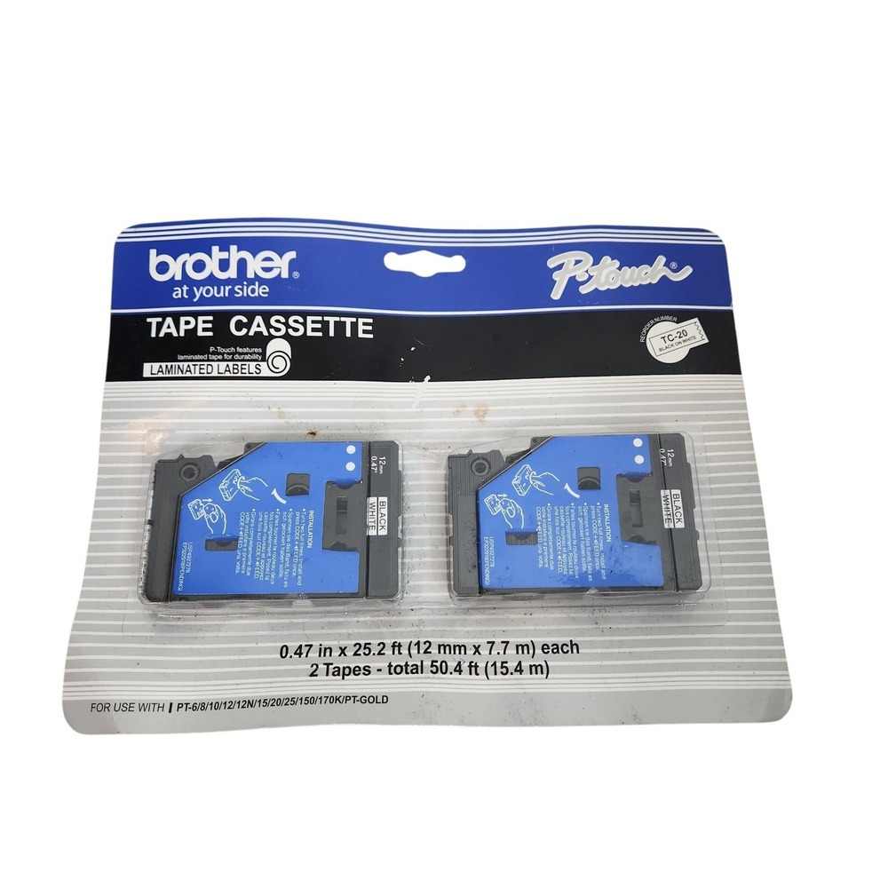 Brother TC-20 P-Touch Label Tape 12mm 0.47in Black On White Laminated 2 Pack